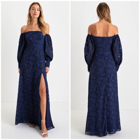 Lulus Radiantly Stunning Navy Blue Burnout Off-the-Shoulder Maxi Dress Size XS - Picture 7 of 16